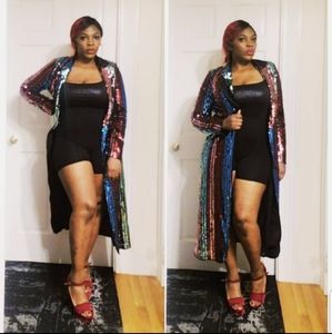 Red blue green sequin black kimono duster l